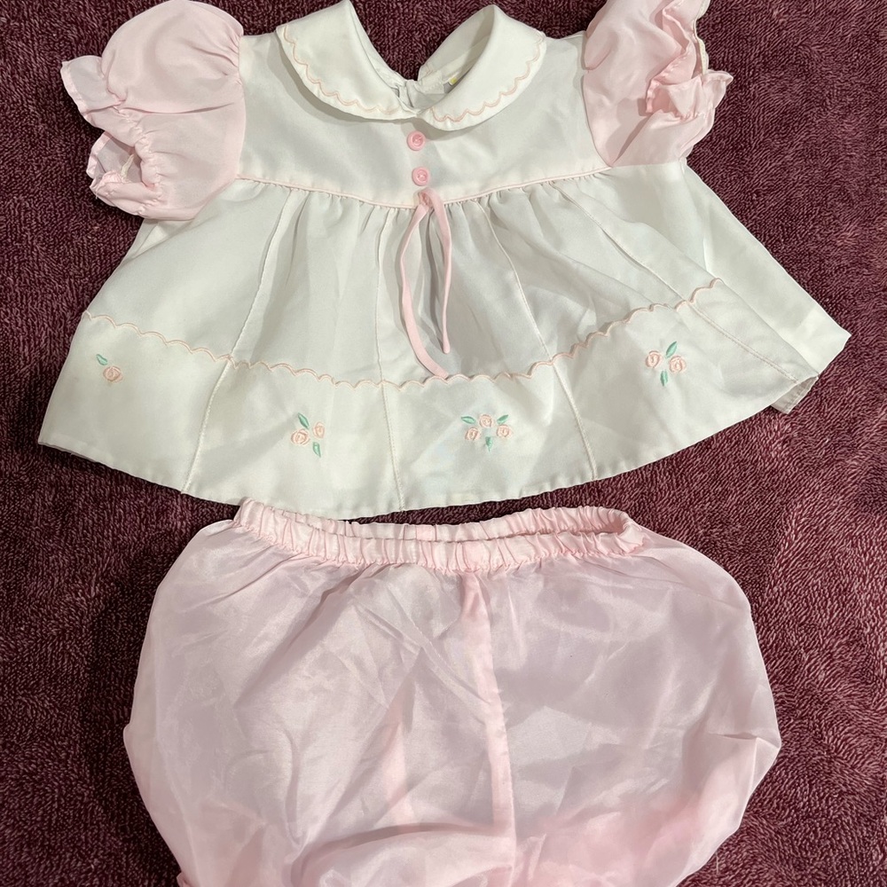 VINTAGE Baby Pink & White Embroidered Dress & Bloomers